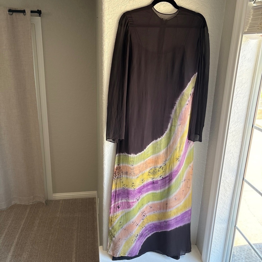 Vintage Silk Maxi Dress XS/S Tie Dye Sheer Overlay Black Bell Long Sleeve Retro